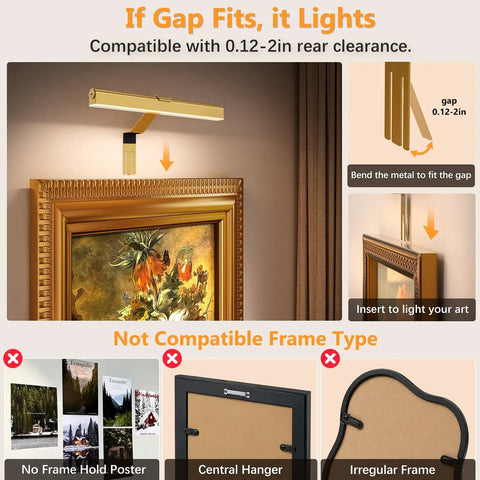 Dreamy Insert Picture Light Offering Straightforward Zero Drill Mounting And Smooth Magnetic Attachment For Hassle Free Wall Frame Illumination That Is An Absolute Game Changer showing gap compatibility.