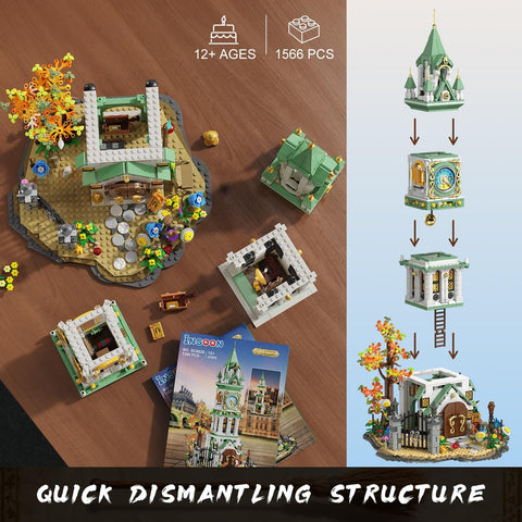 Epic Clock Tower Building Set With Light 1566 Pieces shown disassembled with instruction manual on wooden table