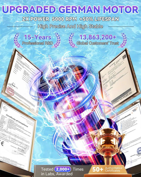 Illustration of an upgraded German motor with certification documents and awards in an electrifying design background