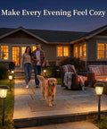 Solar Pathway Lights Outdoor Warm White 10 Or 25 Lumens Glass Solar Lights illuminating a cozy evening patio with dog and couple.