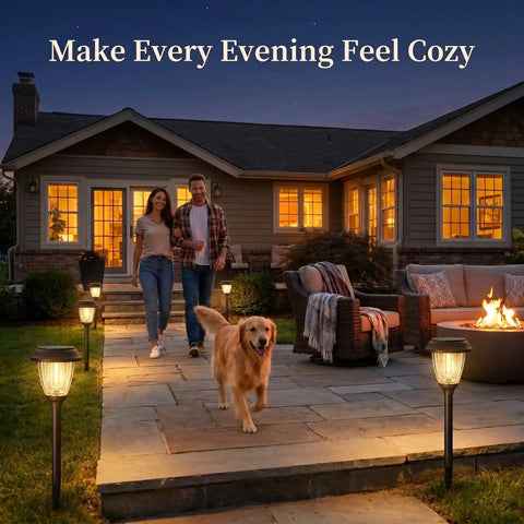 Solar Pathway Lights Outdoor Warm White 10 Or 25 Lumens Glass Solar Lights illuminating a cozy evening patio with dog and couple.