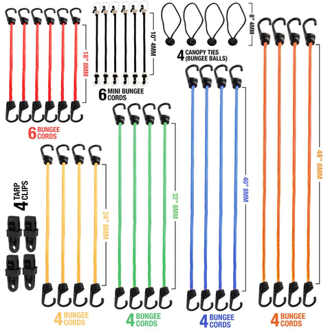 Beefy Heavy Duty Bungee Cord Set With Hooks, 36 Cord Assortment in 18-48 inch lengths shown with various colors and hooks