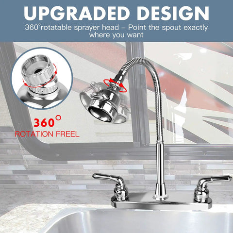 Top Shelf RV Kitchen Faucet Sporting A Slick 360 Rotating Sprayer Head And Hella Tough Stainless Steel Frame With An Eight Inch Two Hole Base For Nifty Camper Sink Swaps That Rock Easy Installation And Quick Cleanup.
