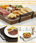 Heavy Duty Matte Black Iron Pulls For Cutting Boards And Serving Trays 8 Pack, featured on wood serving tray with appetizers.