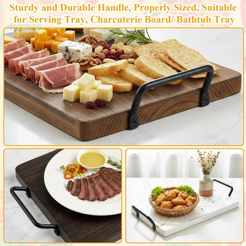 Heavy Duty Matte Black Iron Pulls For Cutting Boards And Serving Trays 8 Pack, featured on wood serving tray with appetizers.