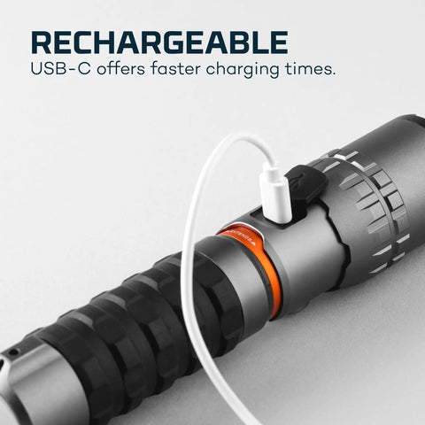 SLYDE KING 2K Rechargeable LED Flashlight With 4X Zoom Spotlight Or Floodlight charging via USB-C cable