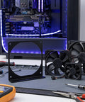 Two Pack PC Fan Mounting Brackets For CPU Coolers Rock Solid Iron Construction Portable Design Easy Tool Free Mount Keeps Cooling Fans Snug In PC Chassis To Boost Airflow And Performance, black iron, 13x12x2 cm