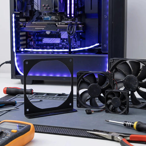 Two Pack PC Fan Mounting Brackets For CPU Coolers Rock Solid Iron Construction Portable Design Easy Tool Free Mount Keeps Cooling Fans Snug In PC Chassis To Boost Airflow And Performance, black iron, 13x12x2 cm