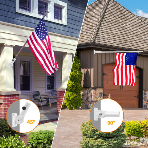 Built Tough 1 Inch Flag Pole Wall Mount Bracket With Secure Hardware Kit 180 Adjustable Premium Aluminum used for holding flags at 45 and 90 degrees.
