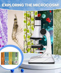Junior Scientist Microscope Kit With Blank And Prepared Slides For Kids 100X 400X 1200X Magnification For Exploring The Micro World At Home Or In Class, white microscope and slides