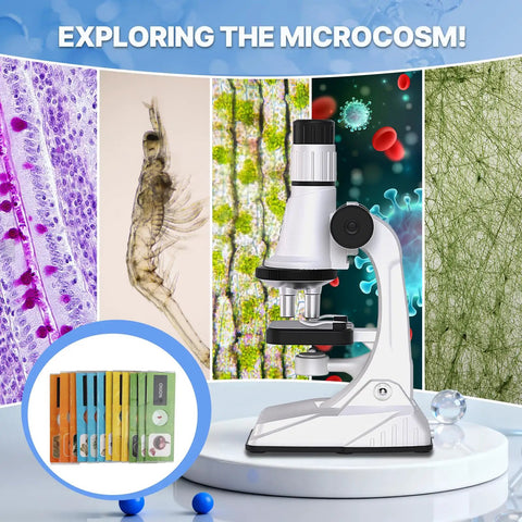 Junior Scientist Microscope Kit With Blank And Prepared Slides For Kids 100X 400X 1200X Magnification For Exploring The Micro World At Home Or In Class, white microscope and slides