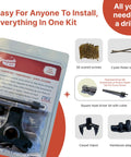 No Squeak Floor Repair Kit For Hardwood, Carpet, Vinyl And Linoleum showing 50 screws, 2 joist finder bits, and tripod fixture