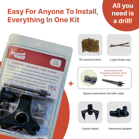 No Squeak Floor Repair Kit For Hardwood, Carpet, Vinyl And Linoleum showing 50 screws, 2 joist finder bits, and tripod fixture
