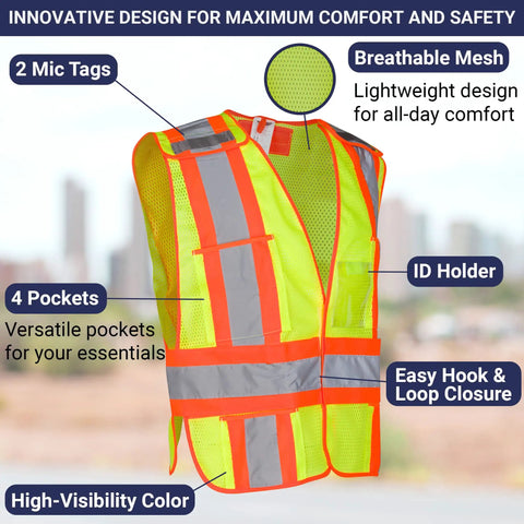 High Visibility ANSI Class 2 Breakaway Safety Vest With Five Pockets Yellow Breathable Mesh For All Day Comfort Heavy Duty Workwear