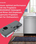 Dishwasher Detergent And Rinse Aid Dispenser Gray Replacement Part displayed with dishwasher for easy drop in install