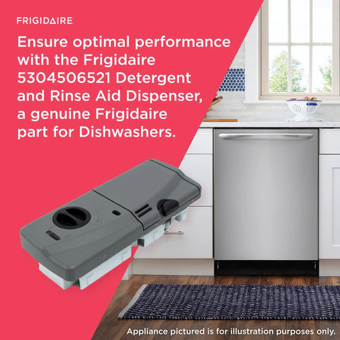 Dishwasher Detergent And Rinse Aid Dispenser Gray Replacement Part displayed with dishwasher for easy drop in install