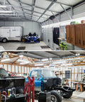 Garage interior with ceiling-installed 12 Pack T8 LED Shop Light 4Ft 42W 6300 Lumen 5000K Daylight Linkable Plug And Play
