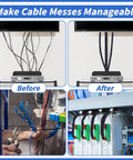 Comparison of cable mess before and after using 100 Ft Split Wire Loom Tubing Three Quarters Inch Wire Protector Conduit with cable ties.
