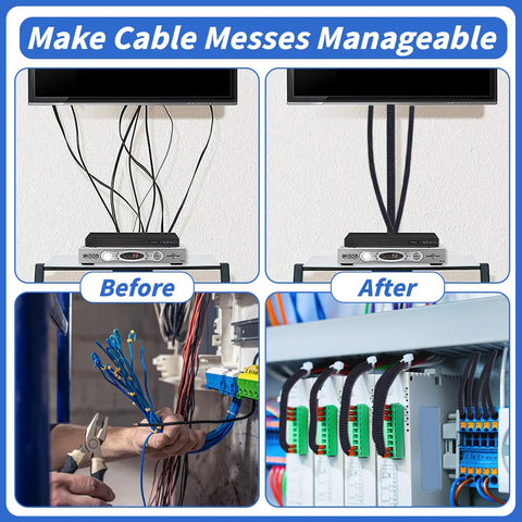 Comparison of cable mess before and after using 100 Ft Split Wire Loom Tubing Three Quarters Inch Wire Protector Conduit with cable ties.