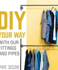 DIY clothes rack using Half Inch Side Outlet Tee Fitting Set For One Half Inch Pipes, black malleable iron decor, eight pack.