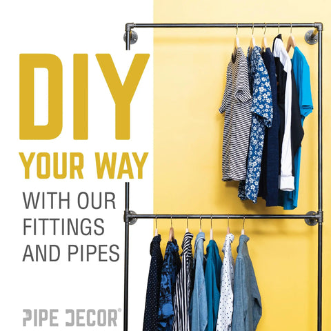 DIY clothes rack using Half Inch Side Outlet Tee Fitting Set For One Half Inch Pipes, black malleable iron decor, eight pack.