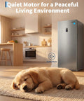 Huge 17 Cu Ft Upright Convertible Freezer And Fridge Hybrid With Four Chill Modes Auto Defrost System in a cozy kitchen with a sleeping dog.