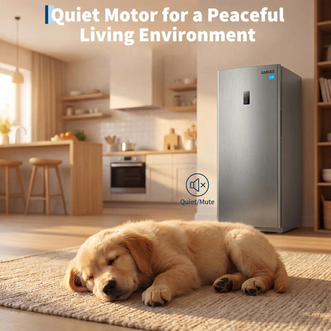 Huge 17 Cu Ft Upright Convertible Freezer And Fridge Hybrid With Four Chill Modes Auto Defrost System in a cozy kitchen with a sleeping dog.