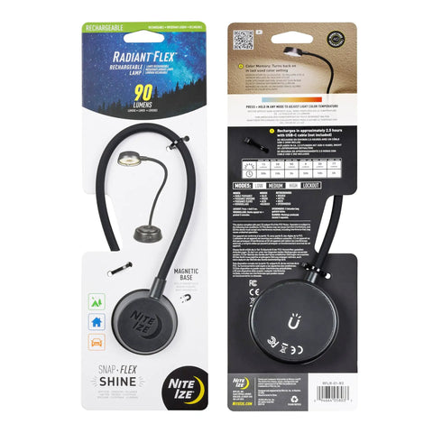 Radiant Flex Rechargeable Lamp With Bendable Gooseneck And Magnetic Base For Hands Free Illumination packaging front and back