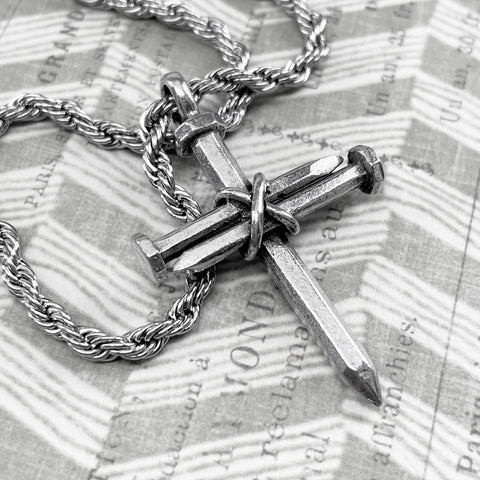 3 Nail Cross Pendant On Stainless Steel Twisted Rope Chain Antique Silver Pewter Finish Lead Free 24 Inch Necklace