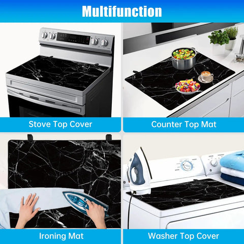 Multifunctional extra large black marble stove top cover for electric and glass ceramic cooktops, heat resistant 28.5 by 20.5 inches.