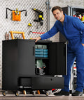 Heavy Duty Metal Garage Storage Cabinet On Wheels With Lockable Drawer And Shelves in a workshop setting