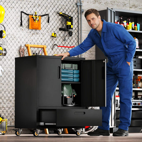 Heavy Duty Metal Garage Storage Cabinet On Wheels With Lockable Drawer And Shelves in a workshop setting