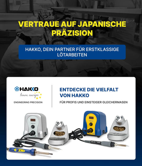 Display of Hakko soldering stations with iron holders, focus on Pro Grade Adjustable Soldering Iron 240-540C, 47W Power, High Capacity 6.5 C Tip T19 C65, Durable Heat Tool For Electronics Builds And Repairs, Great For DIYers And Pro Techs.