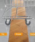Four Pack 5 Inch Shopping Cart Replacement Wheels Kit With Axles Bolts shown on tile, wood, and cement surfaces