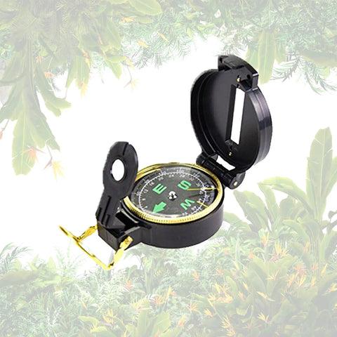 Outdoor Adventure Kit For Kids With Real Walkie Talkies, Binoculars, Flashlight, Compass, Magnifier, Whistle, Camouflage Hat And Backpack For Backyard Missions, Park Explorations, And Indoor Quests focusing on a compass next to jungle leaves.