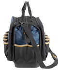 Side view of Heavy Duty Pro Grade Tech Tool Bag With Molded Base And Multi-Compartment 17 Inch Carrier Black Blue for tools