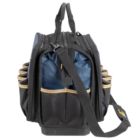 Side view of Heavy Duty Pro Grade Tech Tool Bag With Molded Base And Multi-Compartment 17 Inch Carrier Black Blue for tools