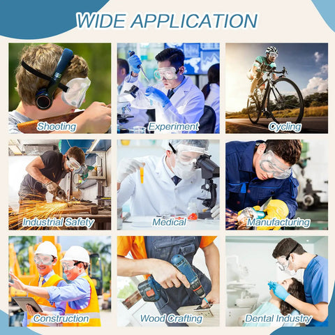 Collage of 50 Pairs Anti Fog Protective Safety Goggles Lightweight Adjustable Splash Shield for various activities and industries.