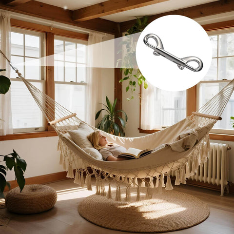 Eight Pack Heavy Duty Double Ended Snap Hooks In Silver Zinc Alloy With Trigger Clips, shown in indoor setting above hammock.