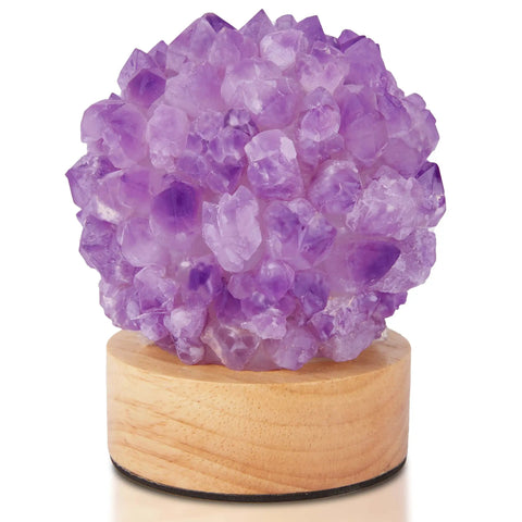 Mini Crystal Table Lamp With Warm Soft LED Light For Home Decor Eye Friendly Night Light Chic Natural Crystal Accent To Create A Cozy Artsy Vibe In Any Room; amethyst on wood base.