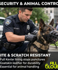 Security officer wearing Kevlar Lined Goatskin Duty Gloves For Heavy Duty Work, Puncture Resistant Hand Protection, Industrial Grade Leather Gloves For Sharp Objects, Large Size, Tough As Nails Workwear For Construction And Manufacturing, handling K9