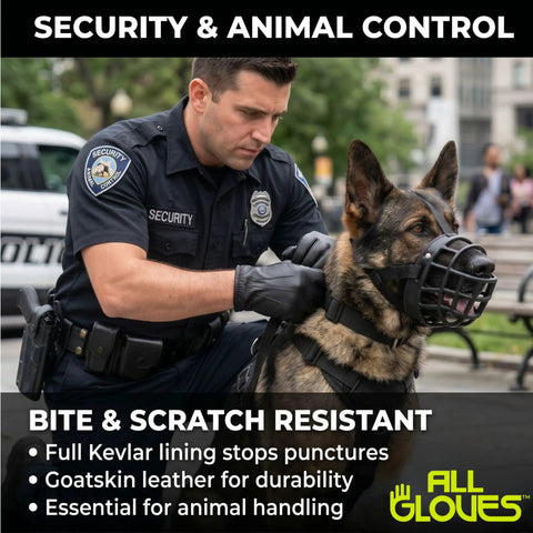 Security officer wearing Kevlar Lined Goatskin Duty Gloves For Heavy Duty Work, Puncture Resistant Hand Protection, Industrial Grade Leather Gloves For Sharp Objects, Large Size, Tough As Nails Workwear For Construction And Manufacturing, handling K9