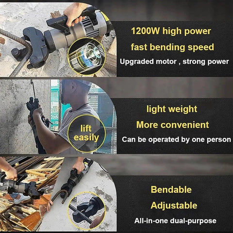 Rock Solid Electric Rebar Bender And Straightener 1200W Motor in use, lightweight design, easily operated by one person.