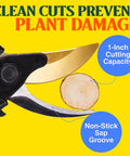 Pro Grade 8.75 Inch Titanium Bypass Pruning Shears For Gardening cutting branch, highlighting non-stick sap groove and 1-inch capacity.