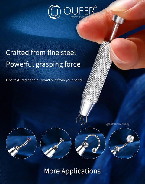 Hand using Piercing Ball Grabber Tool For Quick Jewelry Swap Long Nail Friendly 316L Surgical Steel Internally Threaded Push Pin External Thread Body Piercing Kit For Ear Nose Lip Earring Removal Tool gripping jewelry piece on blue fabric.