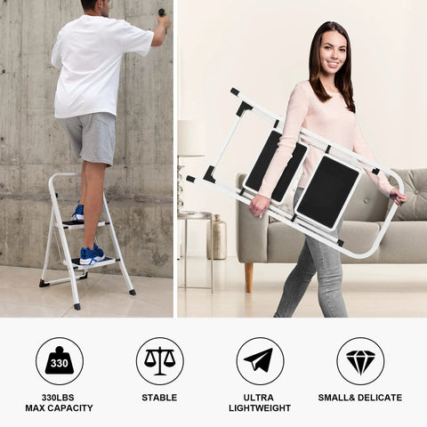 Man using Lightweight 2 Step Folding Ladder For Adults With Anti Slip Pedal And Handrails Portable Steel Step Stool, next to woman carrying folded ladder