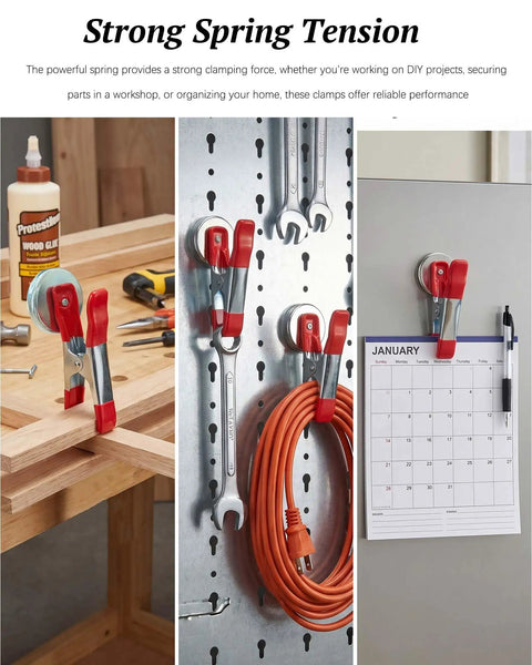 Two Pack Heavy Duty Magnetic Spring Clamps With Solid Magnet Base For Woodworking, Craft, And Workshop Use, Multi Purpose Metal Clamps, Non Slip PVC Handles, Strong Magnetic Grip, Direct Metal Surface Attachment on wood, pegboard, and fridge