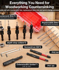 Professional Grade Tungsten Carbide Countersink Drill Bit Set With Adjustable Depth Stops For Slick Wood Countersinks And Hassle Free Flush Screw Installation 17 Piece Gotta Have Workshop Essential Kit with multiple bits and accessories