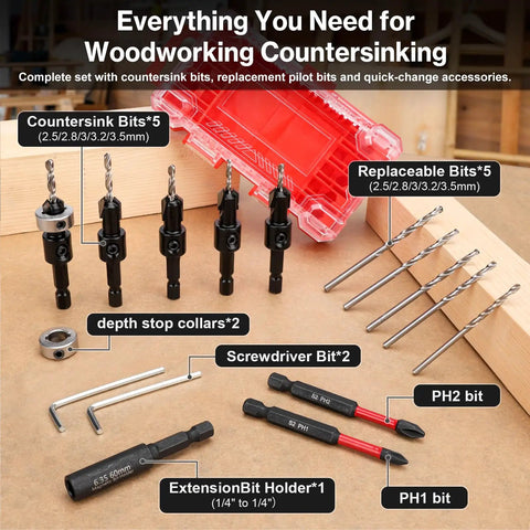 Professional Grade Tungsten Carbide Countersink Drill Bit Set With Adjustable Depth Stops For Slick Wood Countersinks And Hassle Free Flush Screw Installation 17 Piece Gotta Have Workshop Essential Kit with multiple bits and accessories