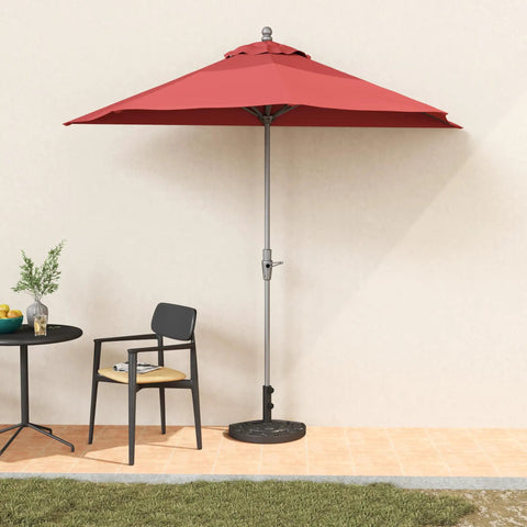 Red umbrella with Rock Solid Heavy Duty Half Round Patio Umbrella Base Weight, 33 Lb Resin Concrete Stand for stability, patio view.